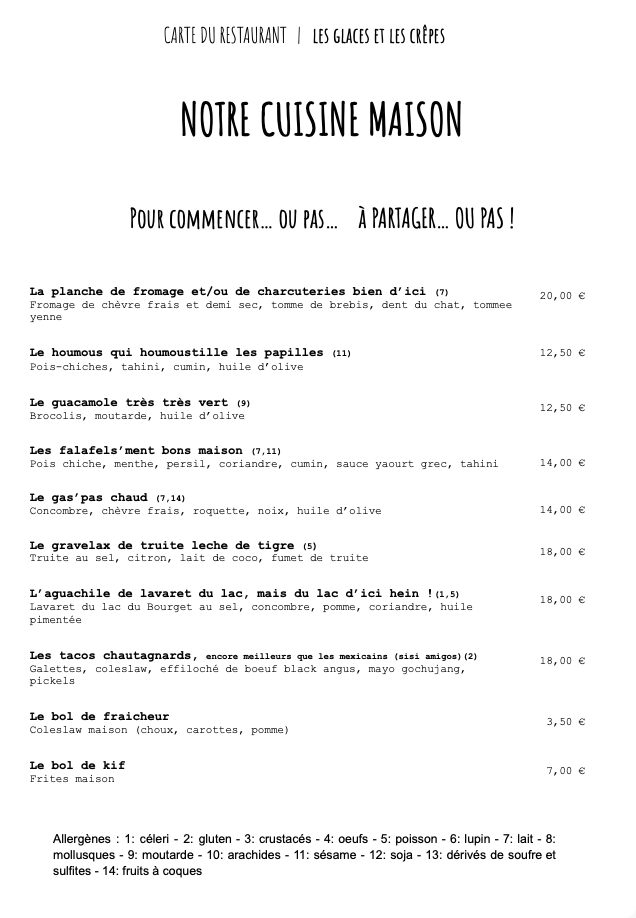 La carte du Relais Gourmand
